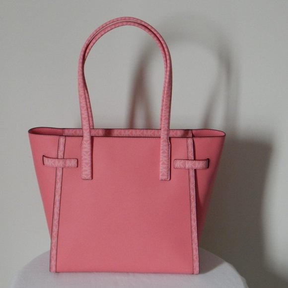 NWT $498 MICHAEL KORS CARMEN MK Monogram LARGE TZ Tea Rose Tote Shoulder Bag - Picture 4 of 14